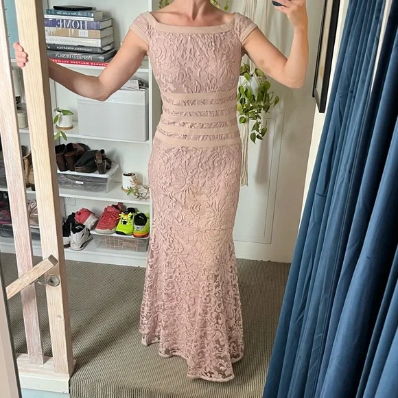 Tadashi Shoji Off The Shoulder Dusty Rose Floor Length Lace Gown - Picture 1 of 5